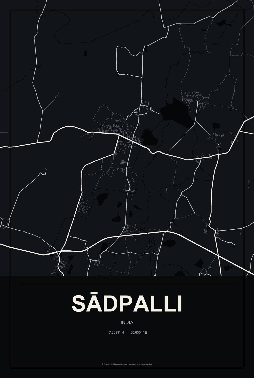 Sādpalli, India City Map Aluminum Sign in Metropolitan Noir style