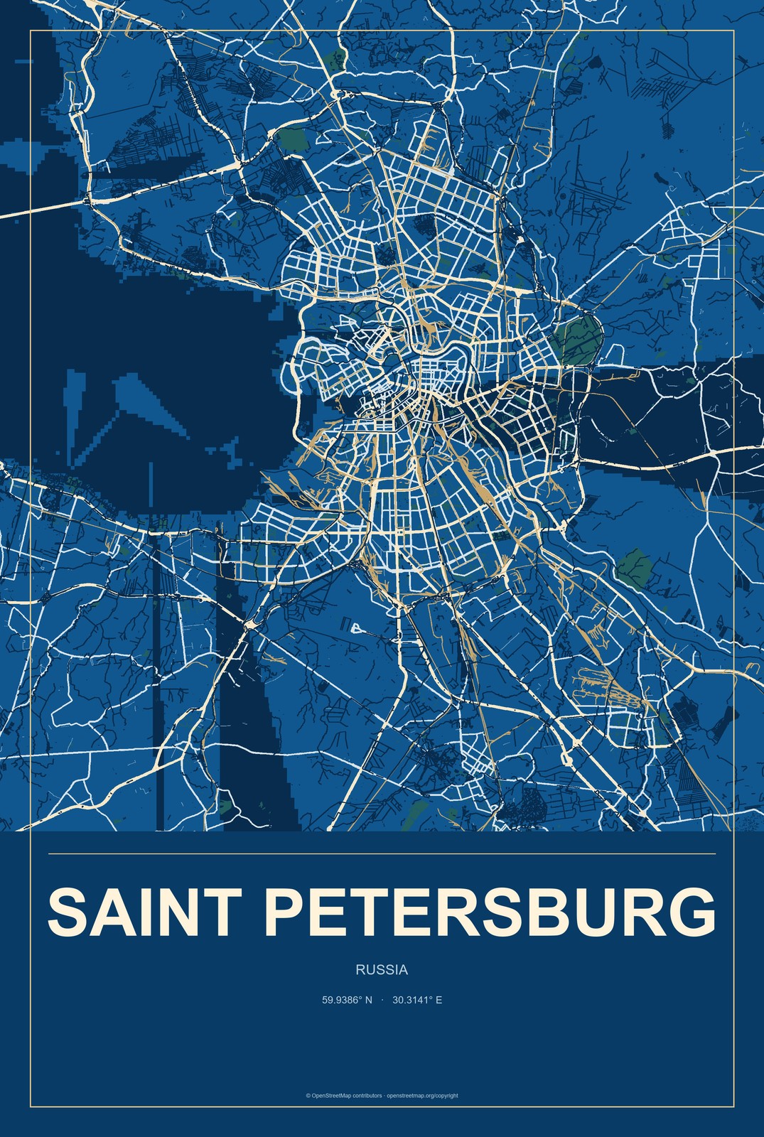 Saint Petersburg, Russia City Map Aluminum Sign in Harbor Cobalt style