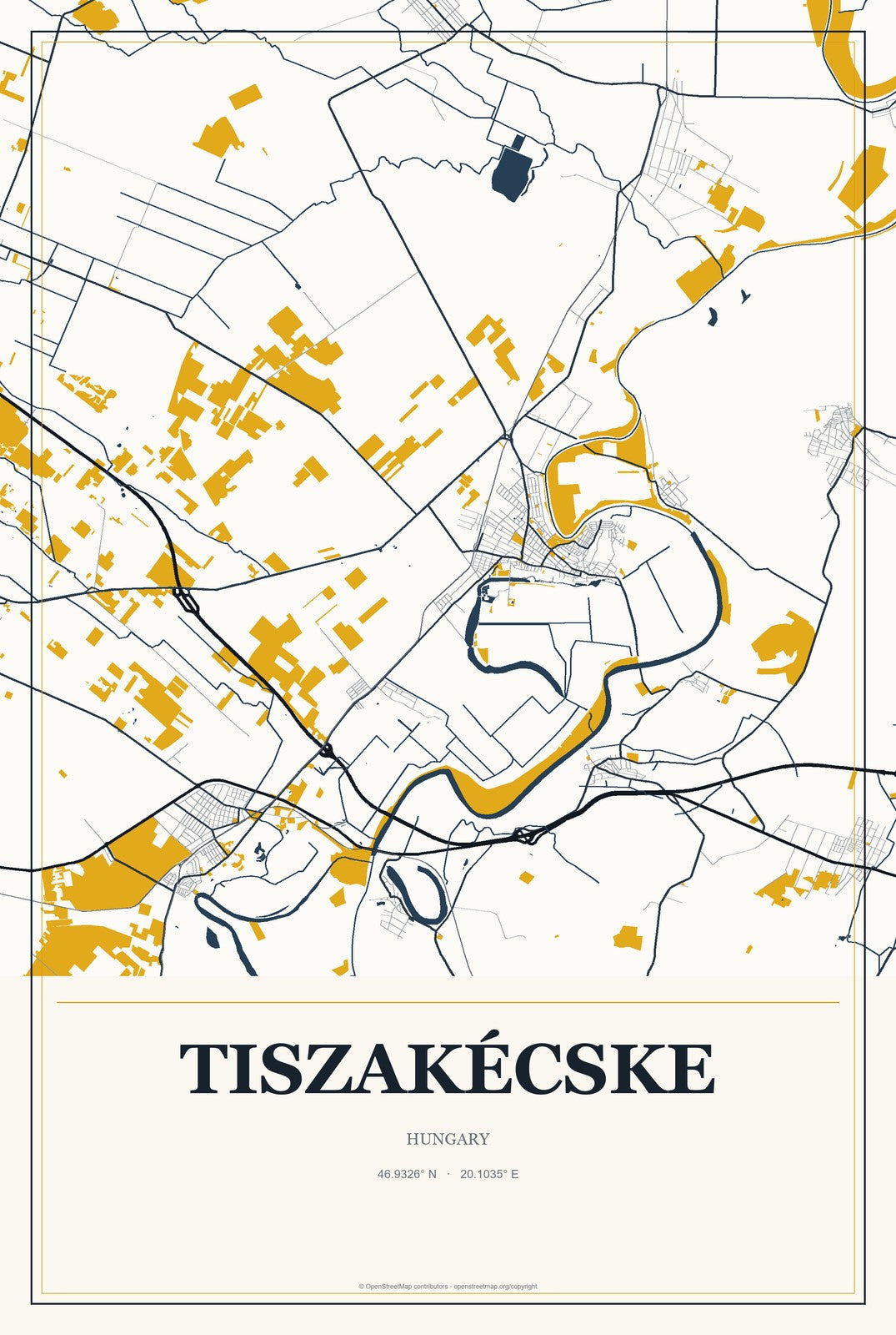 Tiszakécske, Hungary City Map Aluminum Sign in Citrine Modern style