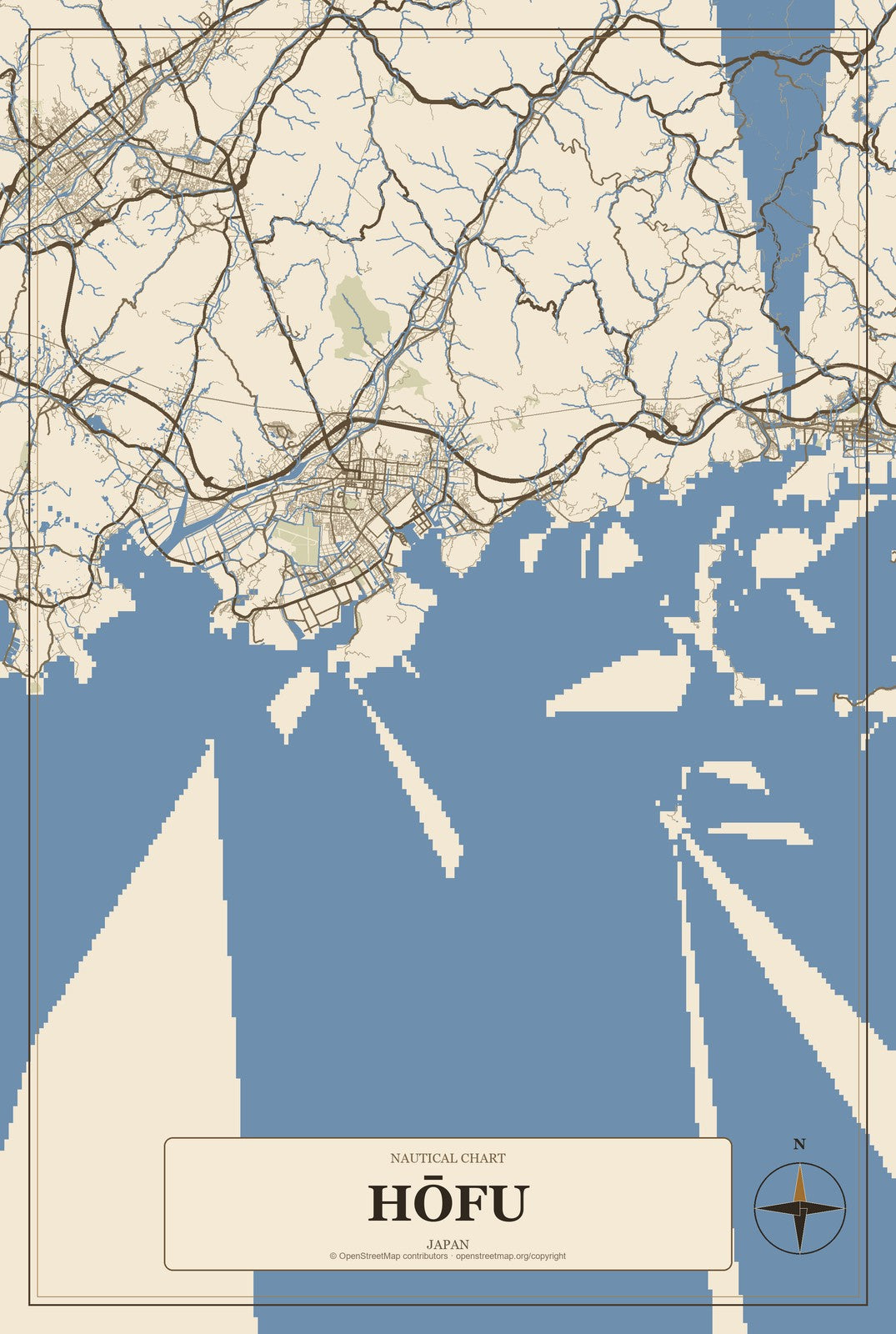 Hōfu, Japan City Map Aluminum Sign in Heritage Nautical style