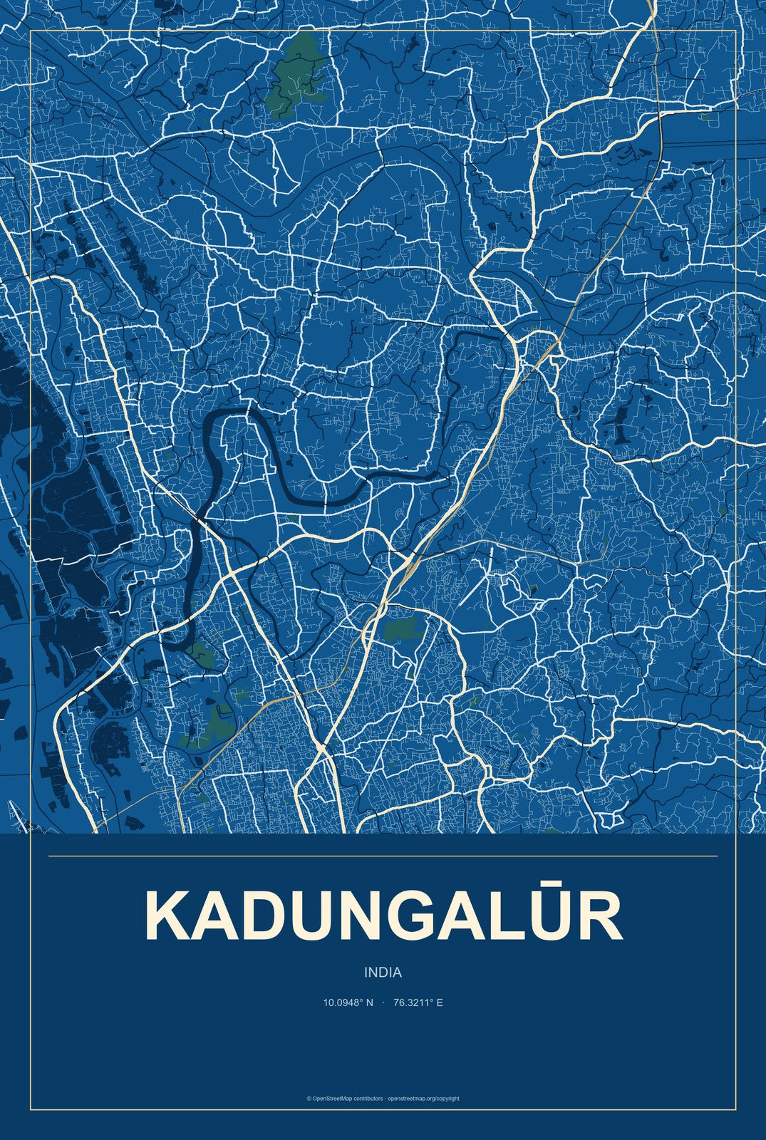 Kadungalūr, India City Map Aluminum Sign in Harbor Cobalt style