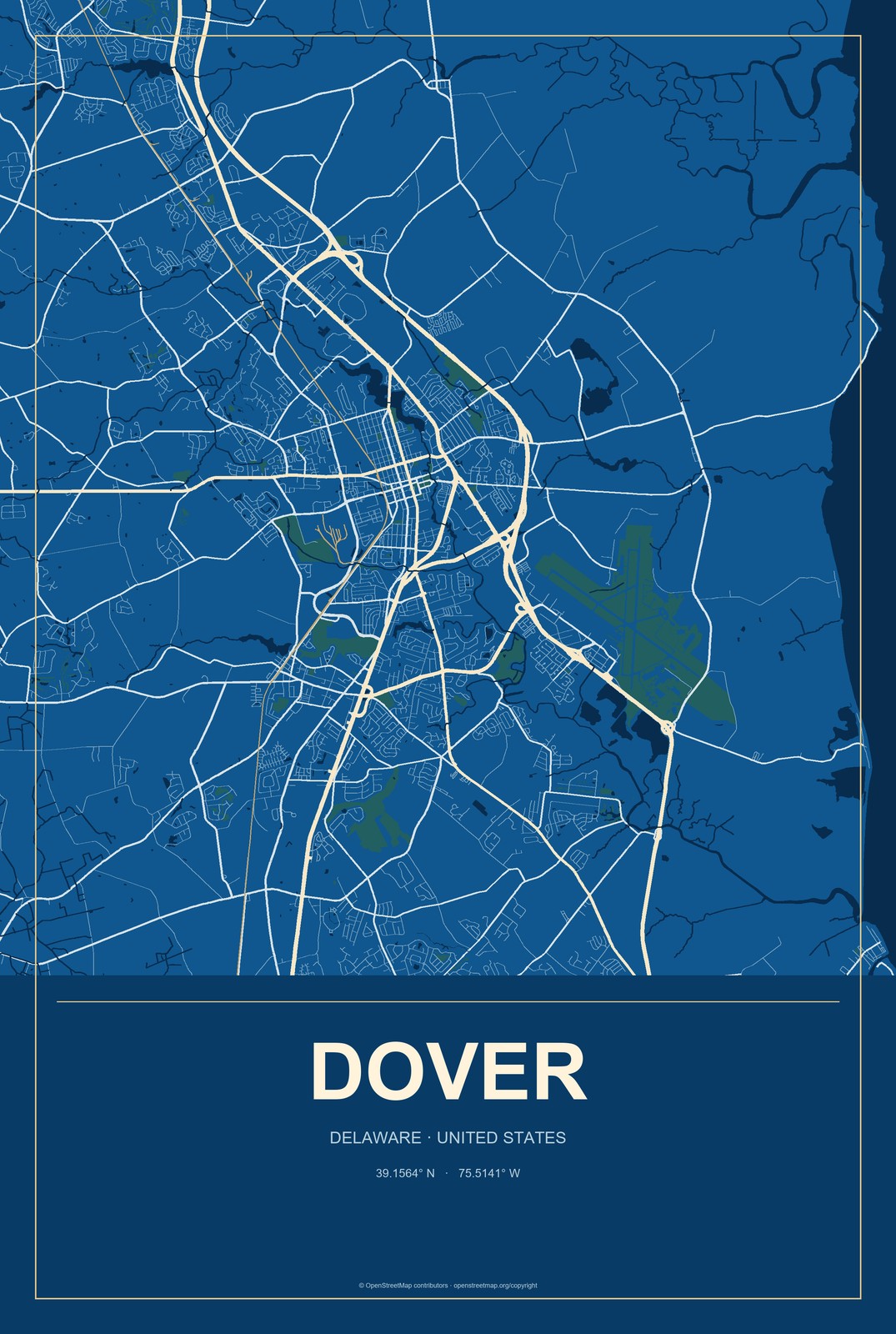 Dover, Delaware City Map Aluminum Sign in Harbor Cobalt style
