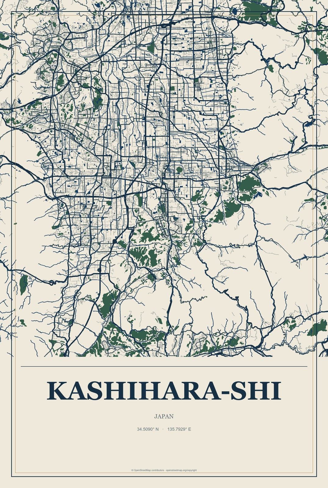 Kashihara-shi, Japan City Map Aluminum Sign in Coastal Cutout style