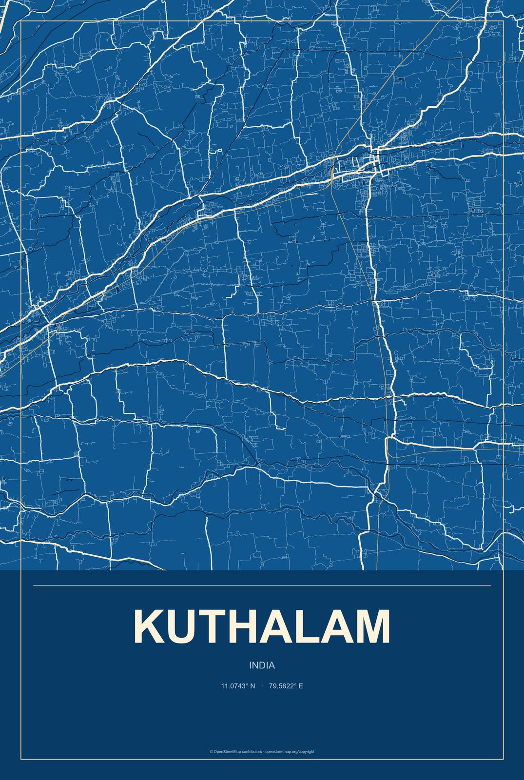 Kuthalam, India City Map Aluminum Sign in Harbor Cobalt style