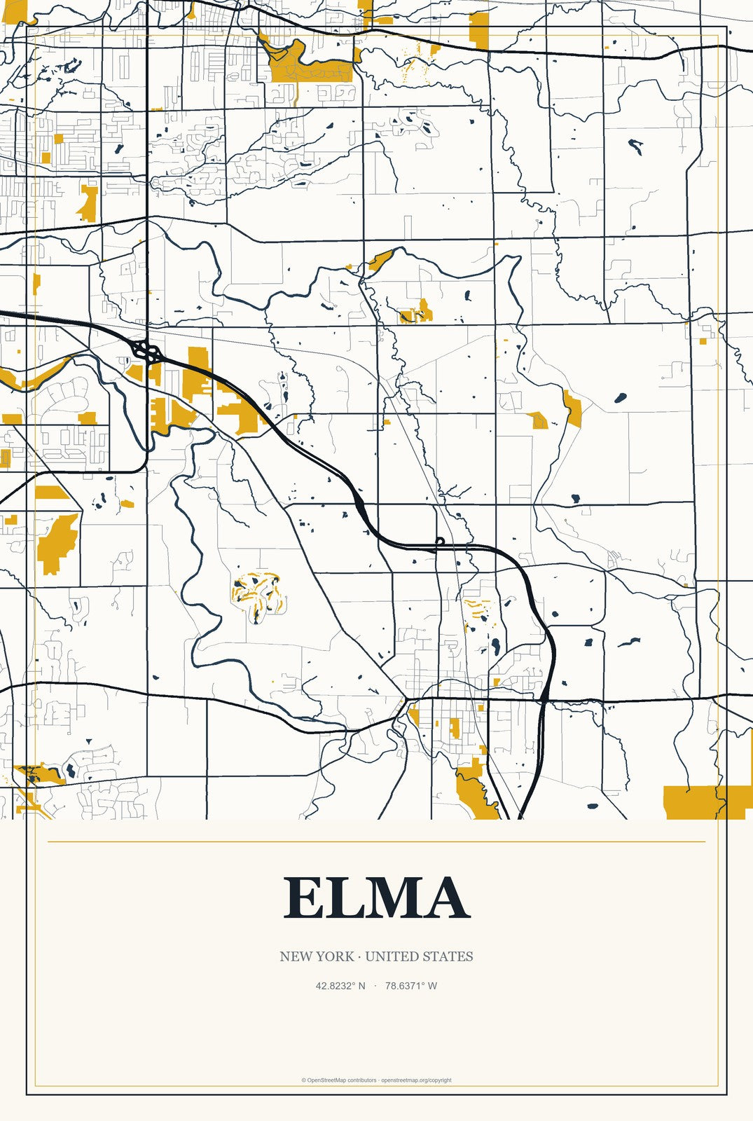 Elma, New York City Map Aluminum Sign in Citrine Modern style