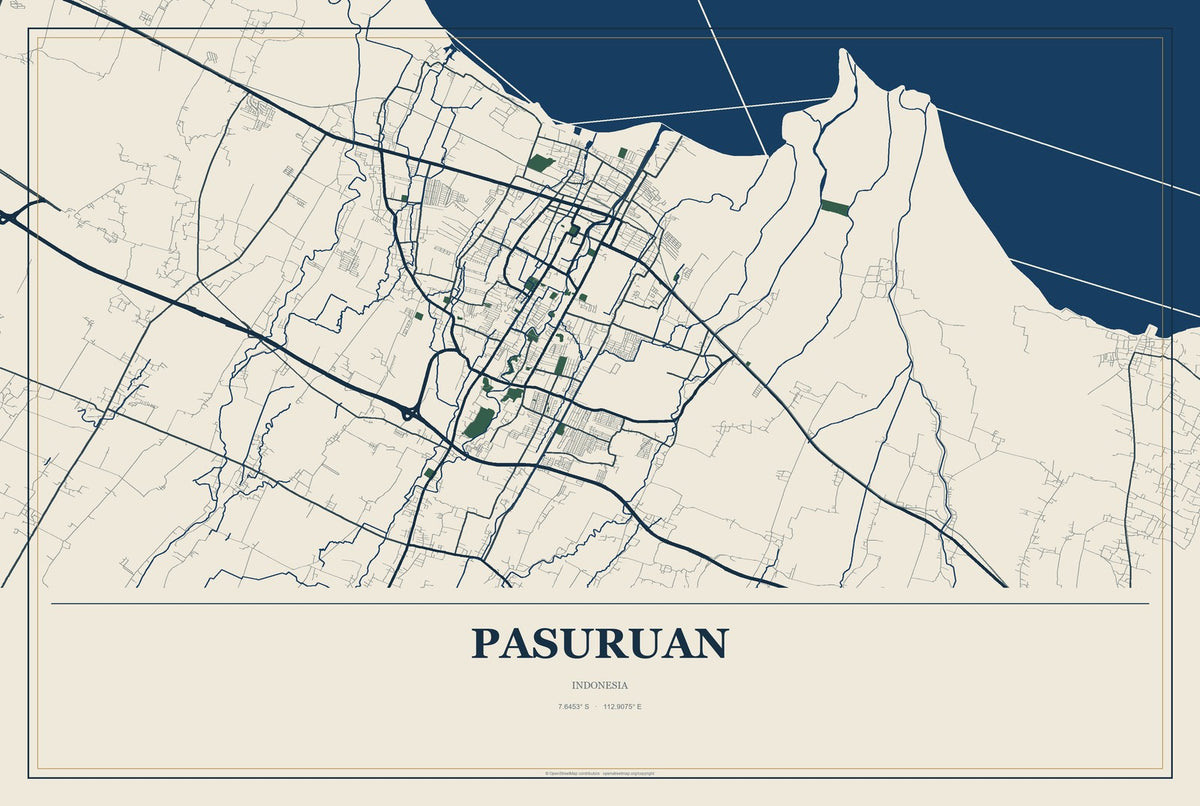 Pasuruan, Indonesia City Map Aluminum Sign in Coastal Cutout style
