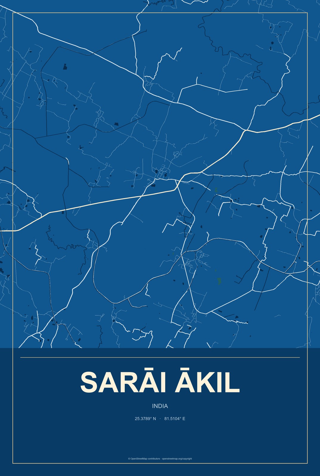 Sarāi Ākil, India City Map Aluminum Sign in Harbor Cobalt style