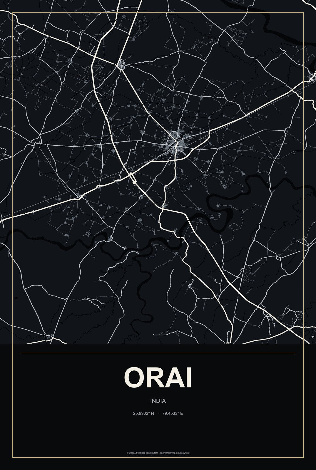 Orai, India City Map Aluminum Sign in Metropolitan Noir style