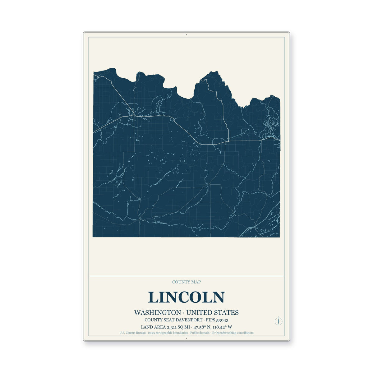 Lincoln County, Washington Map Aluminum Sign in Coastal Cutout style