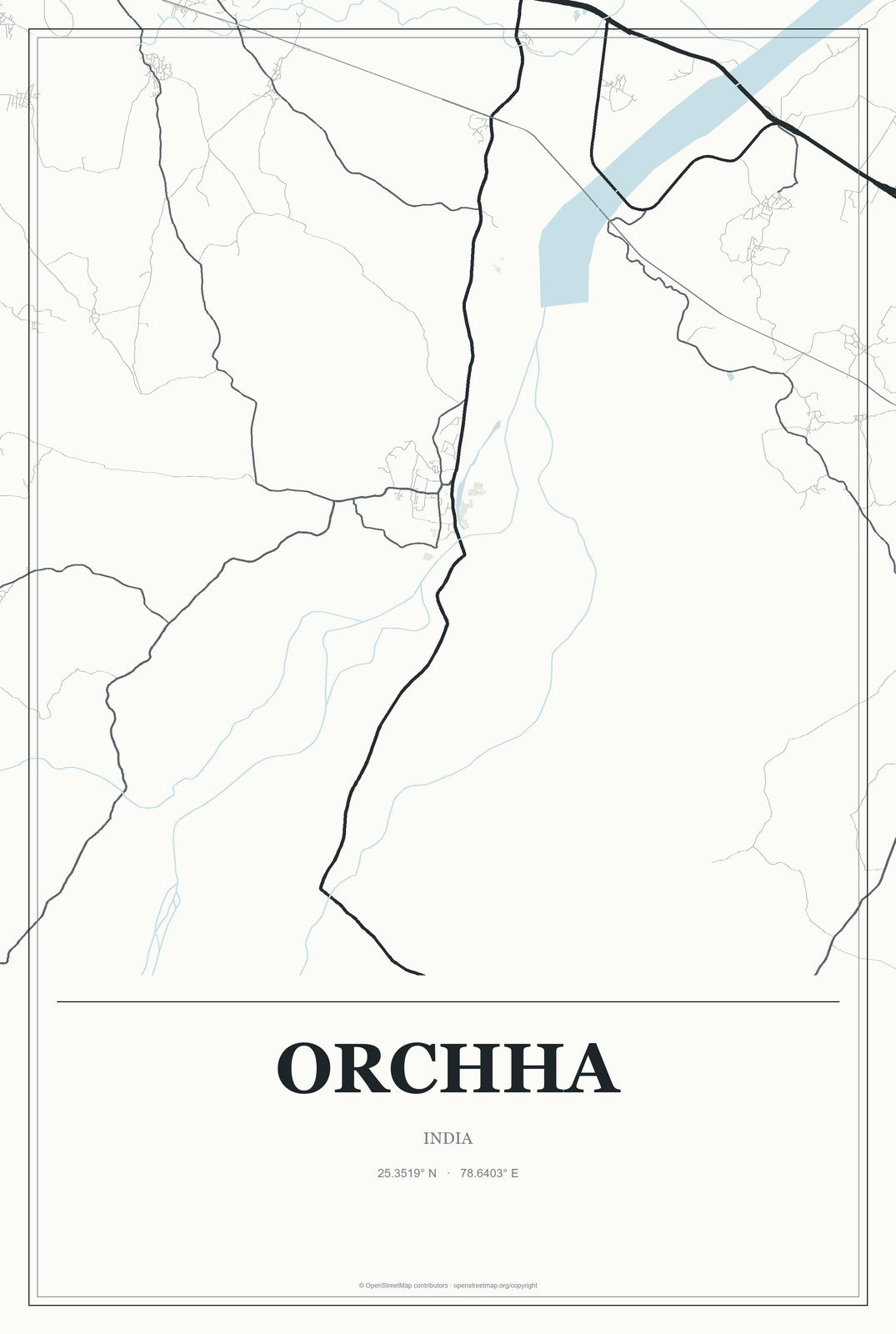Orchha, India City Map Aluminum Sign in Gallery Air style