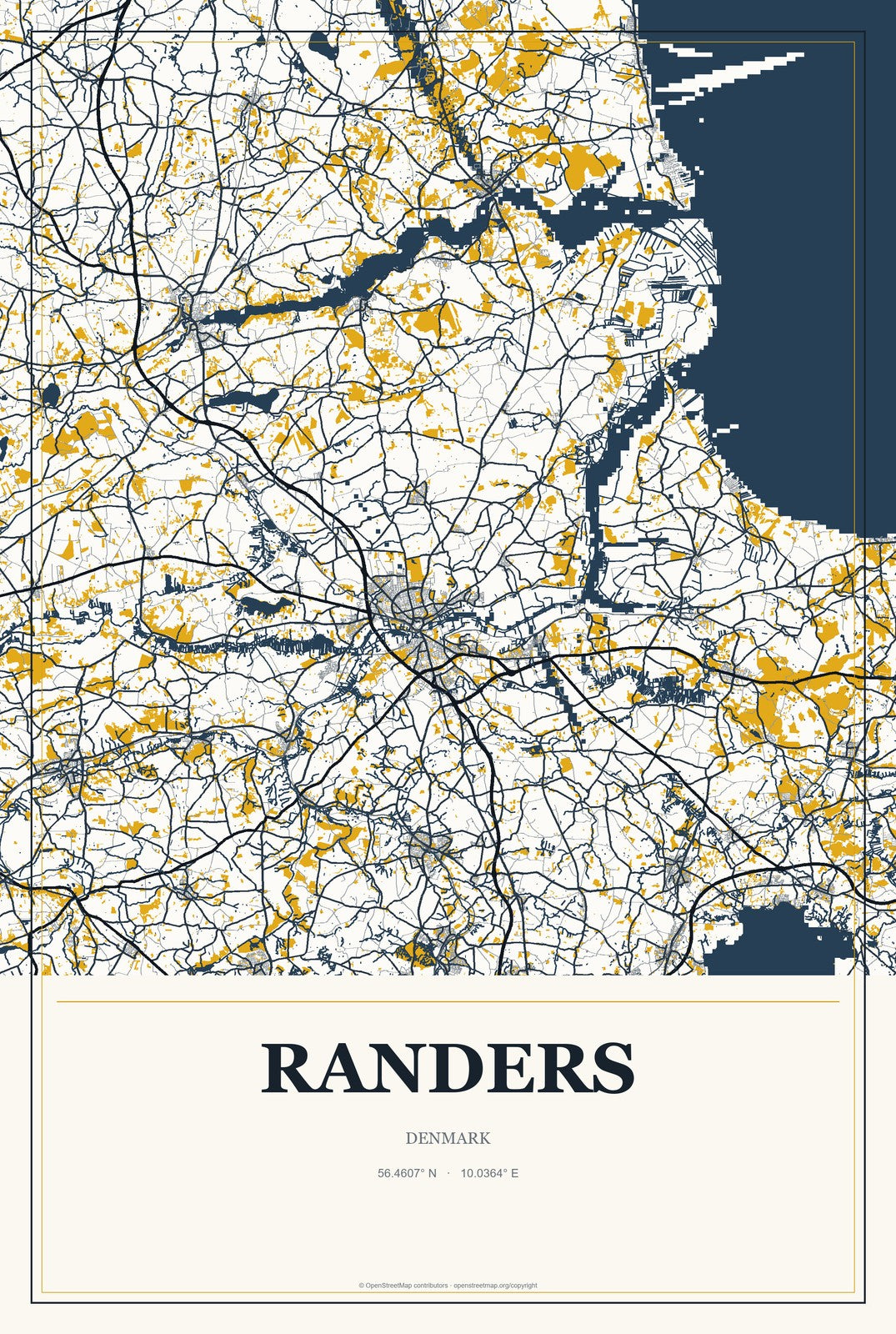 Randers, Denmark City Map Aluminum Sign in Citrine Modern style