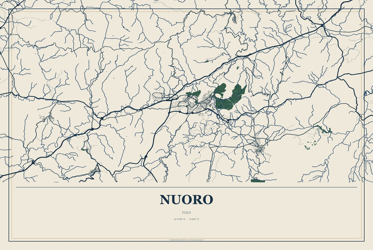 Nuoro, Italy City Map Aluminum Sign in Coastal Cutout style