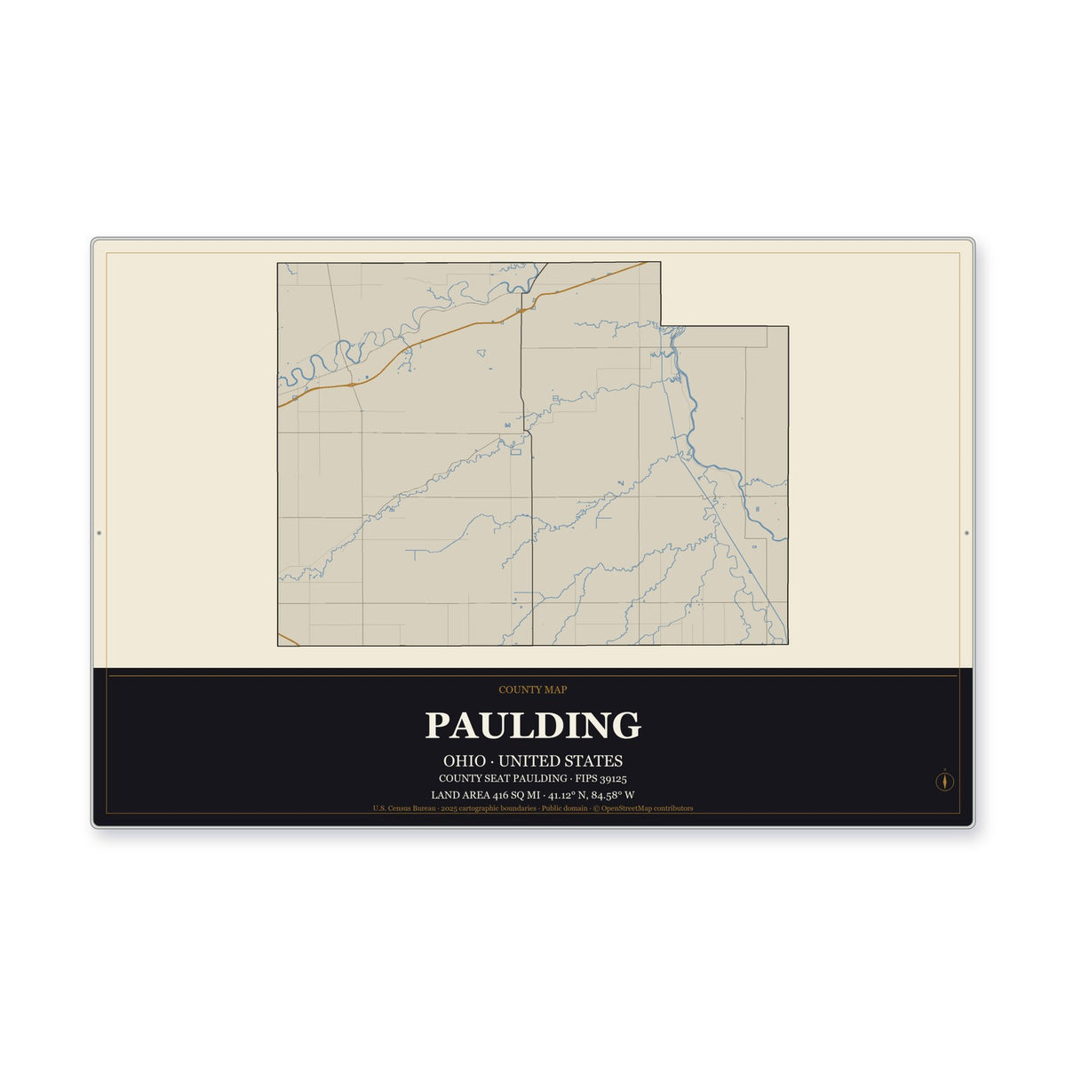 Paulding County, Ohio Map Aluminum Sign in Museum Plaque style