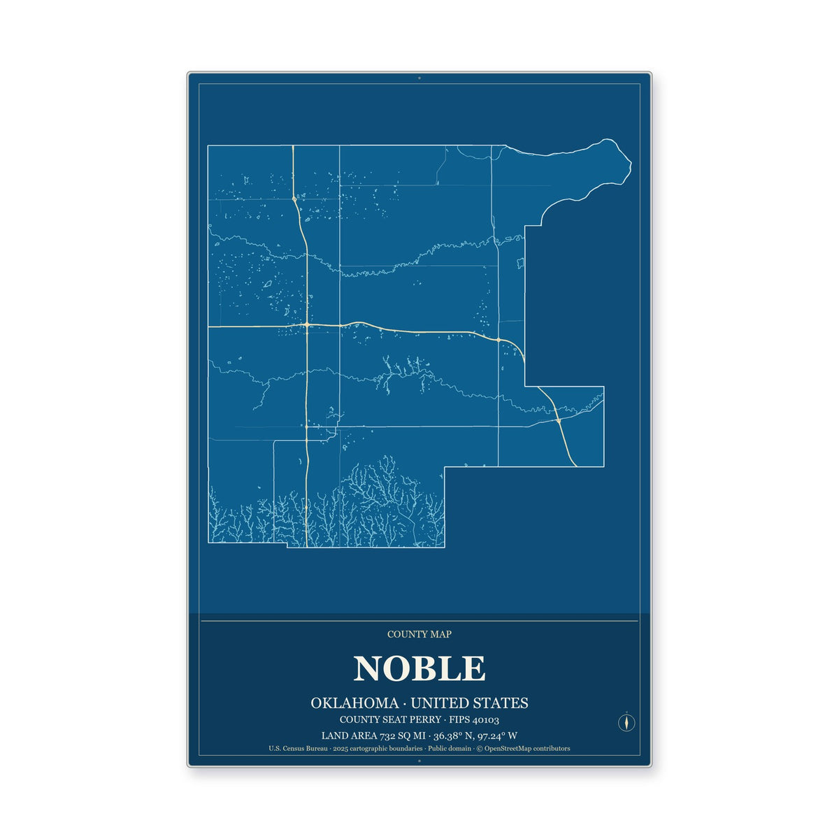 Noble County, Oklahoma Map Aluminum Sign in Harbor Cobalt style