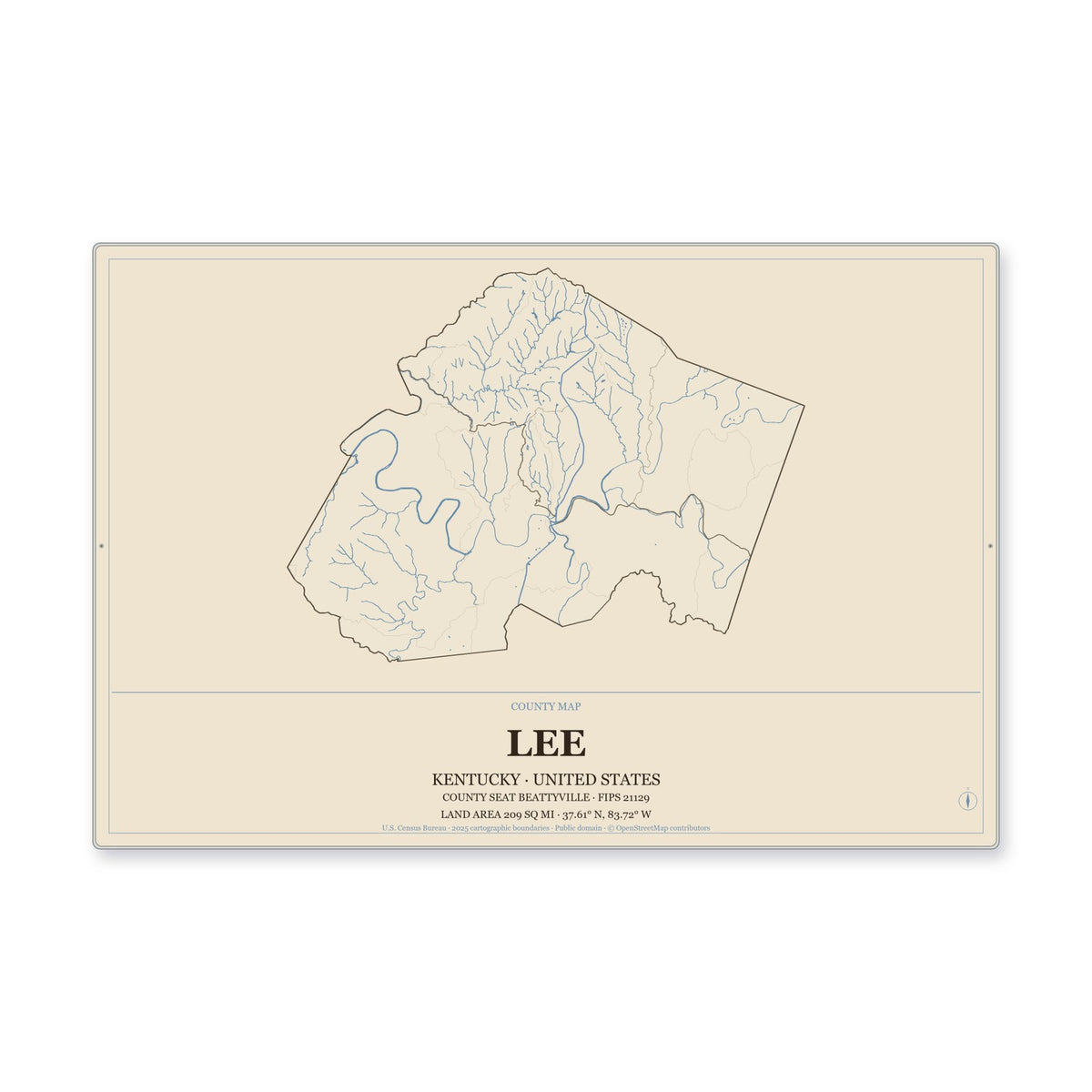 Lee County, Kentucky Map Aluminum Sign in Heritage Nautical style
