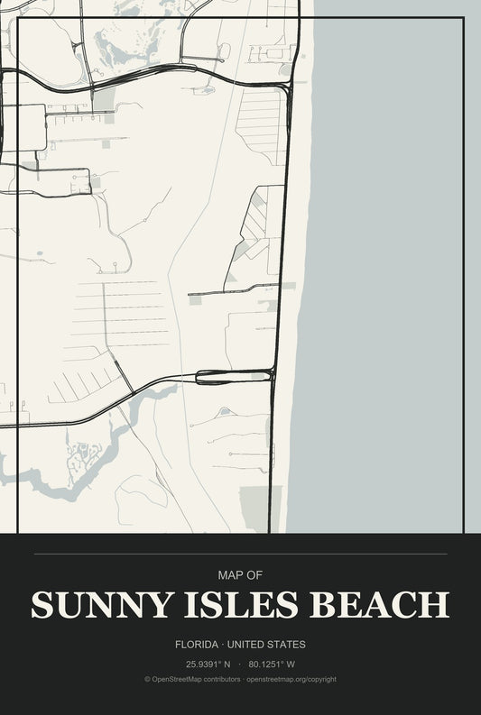 Sunny Isles Beach, Florida City Map Aluminum Sign in Museum Plaque style