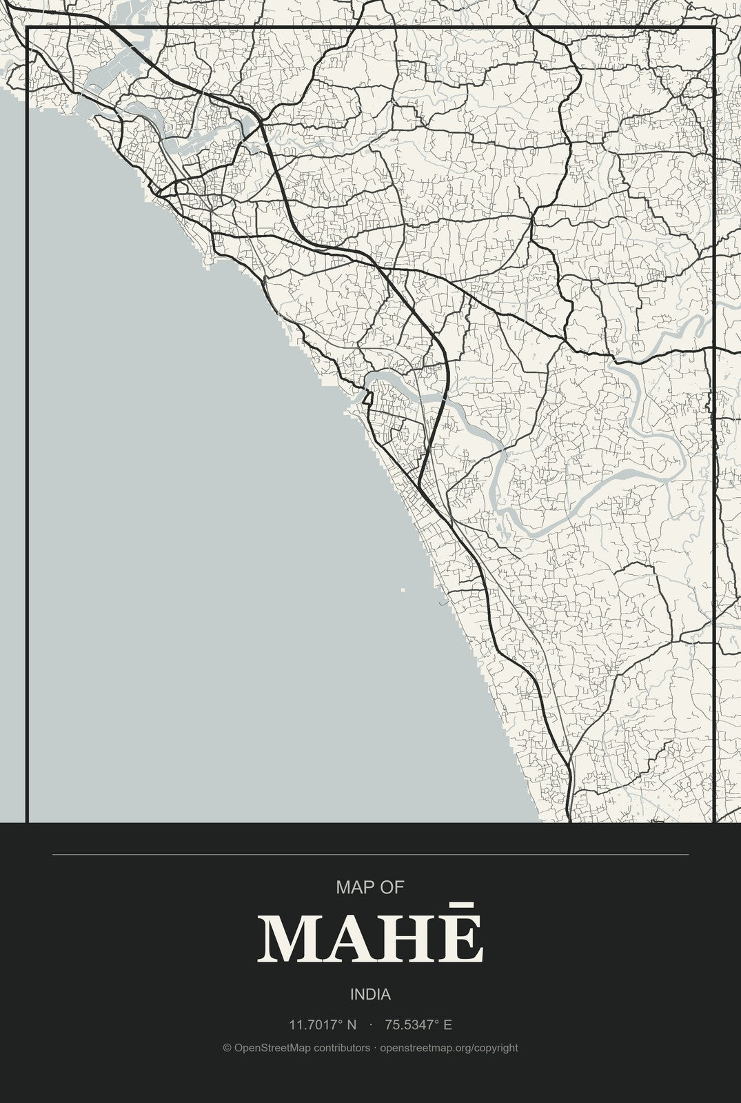 Mahē, India City Map Aluminum Sign in Museum Plaque style