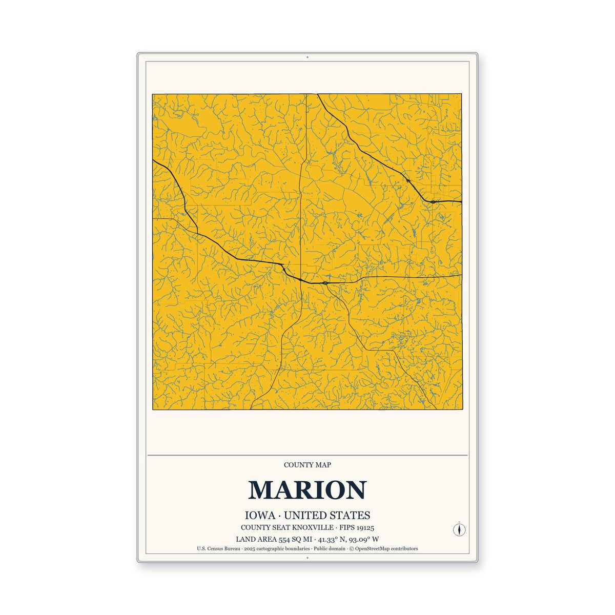 Marion County, Iowa Map Aluminum Sign in Citrine Modern style