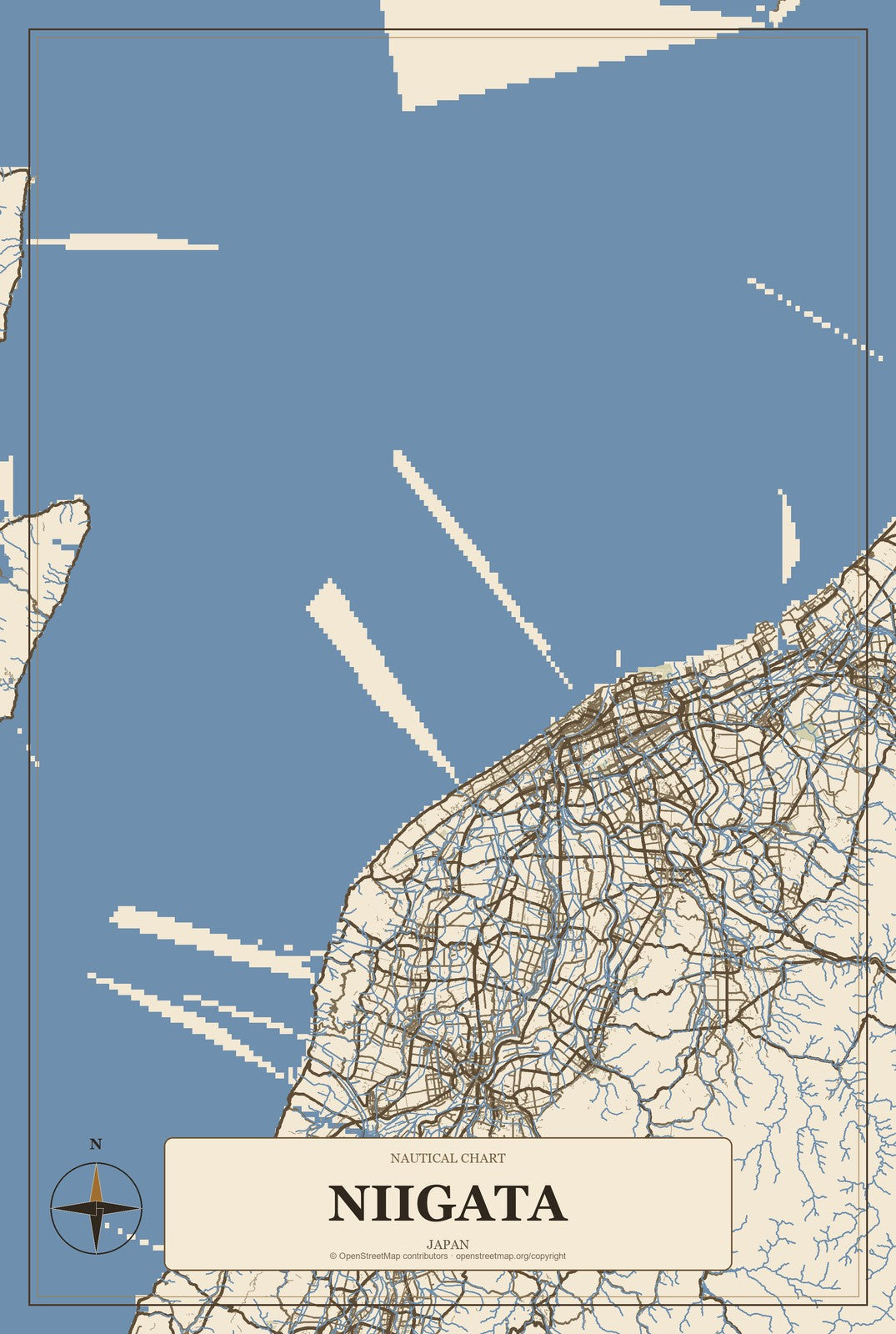 Niigata, Japan City Map Aluminum Sign in Heritage Nautical style