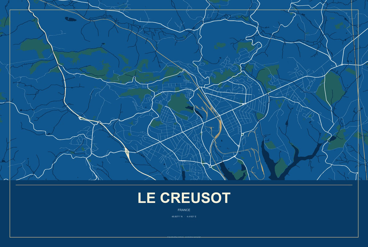 Le Creusot, France City Map Aluminum Sign in Harbor Cobalt style