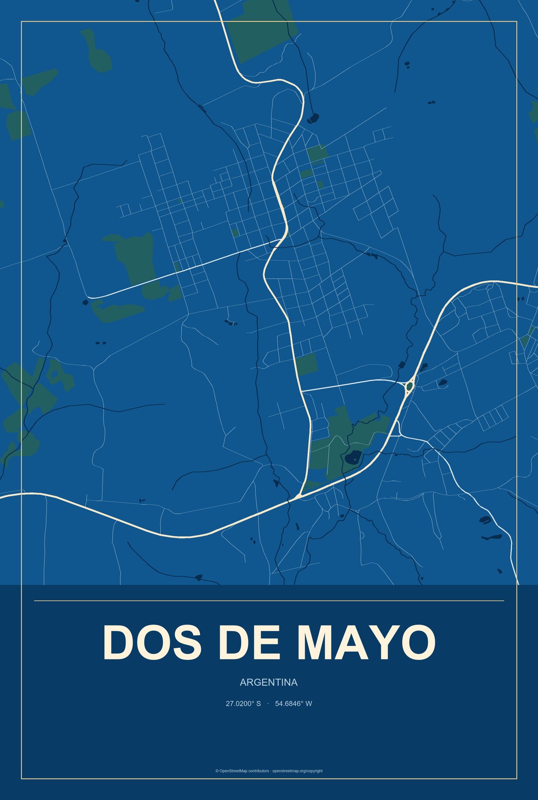 Dos de Mayo, Argentina City Map Aluminum Sign in Harbor Cobalt style