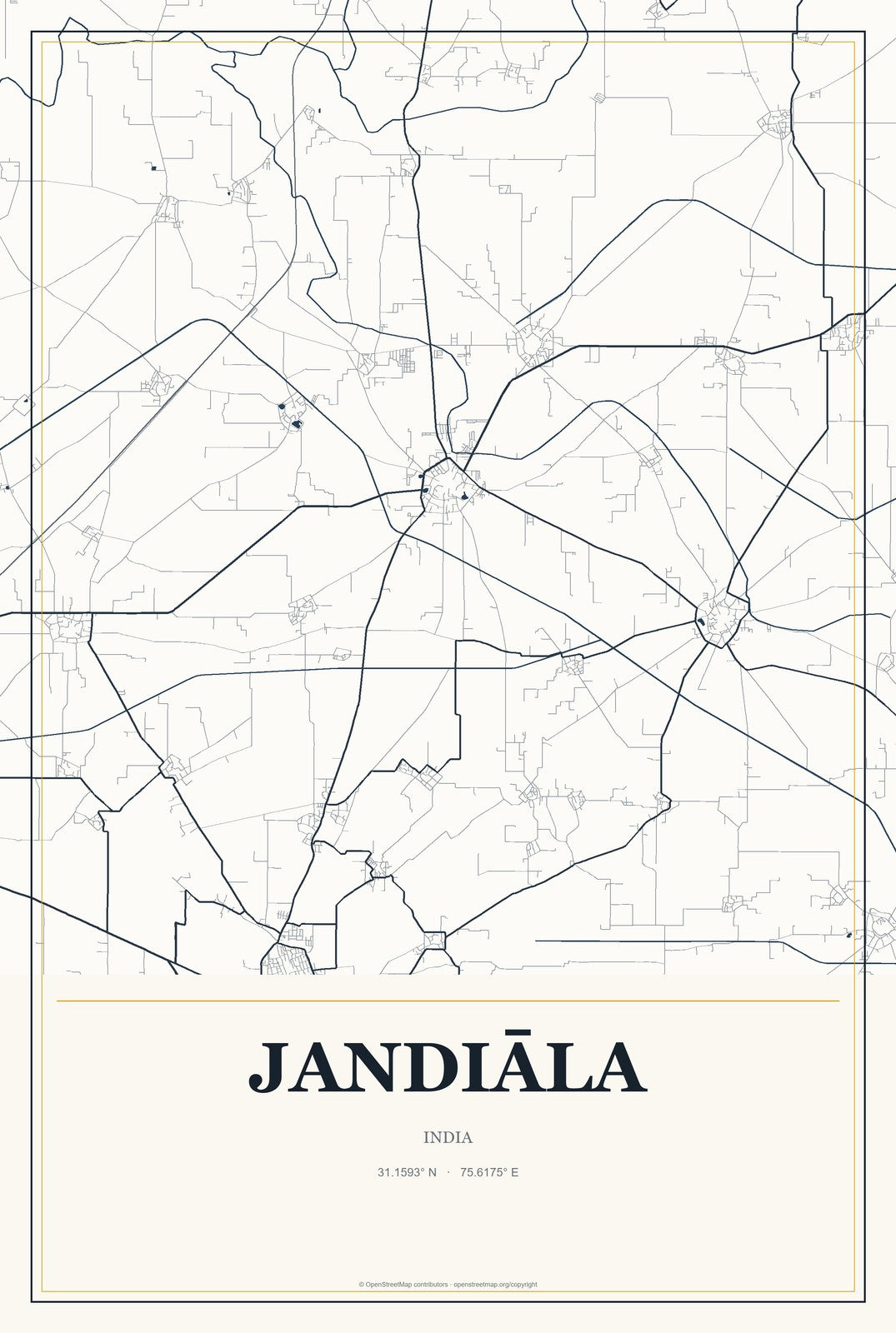 Jandiāla, India City Map Aluminum Sign in Citrine Modern style