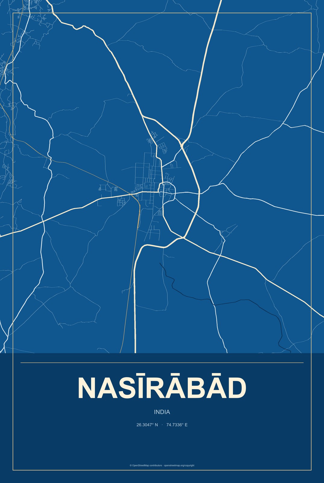 Nasīrābād, India City Map Aluminum Sign in Harbor Cobalt style