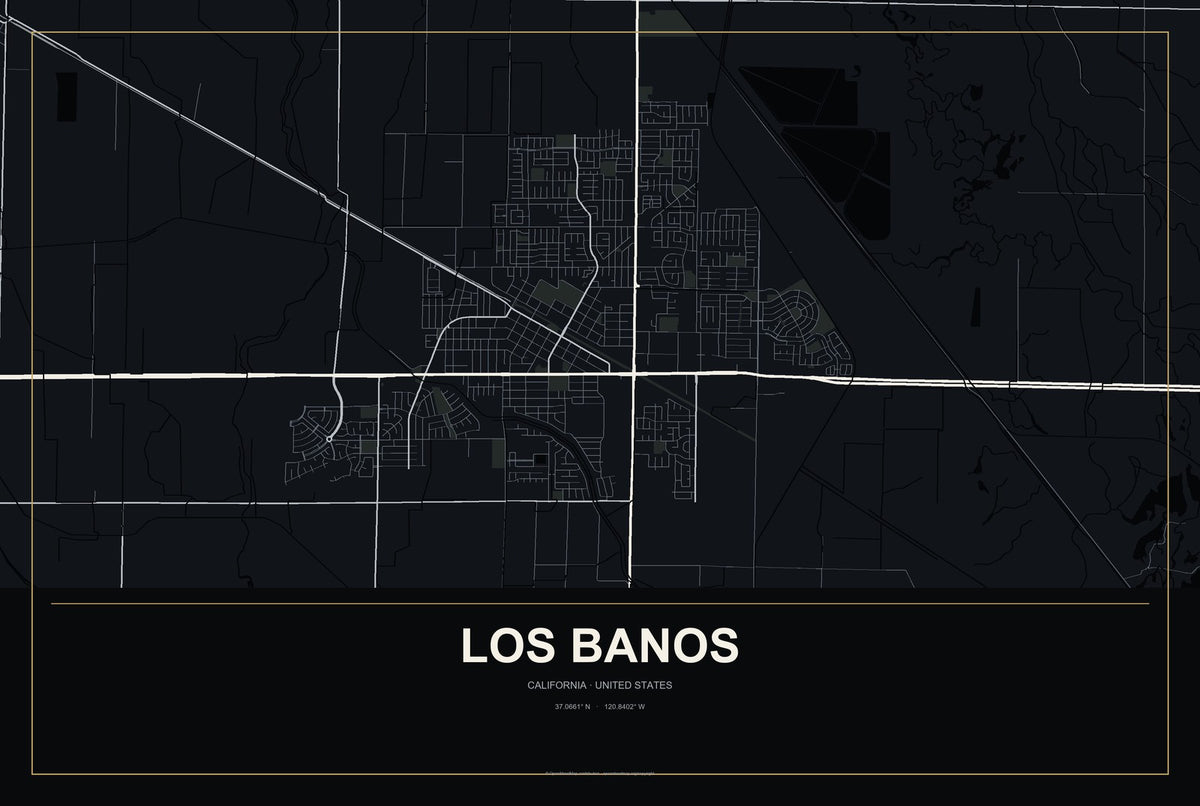 Los Banos, California City Map Aluminum Sign in Metropolitan Noir style