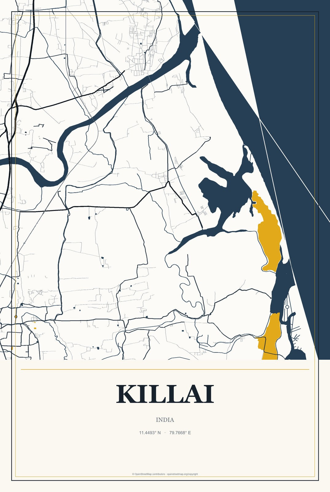 Killai, India City Map Aluminum Sign in Citrine Modern style