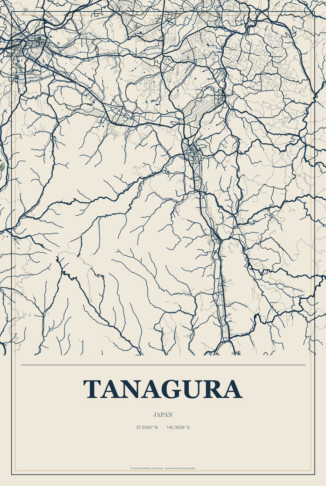 Tanagura, Japan City Map Aluminum Sign in Coastal Cutout style