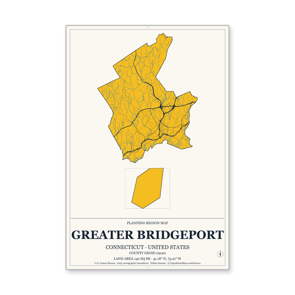 Greater Bridgeport Planning Region, Connecticut Map Aluminum Sign in Citrine Modern style