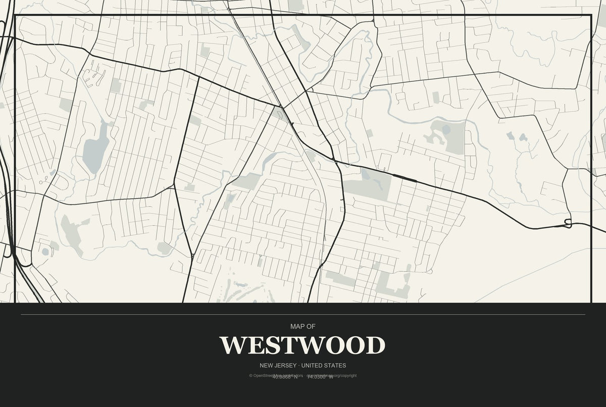 Westwood, New Jersey City Map Aluminum Sign in Museum Plaque style