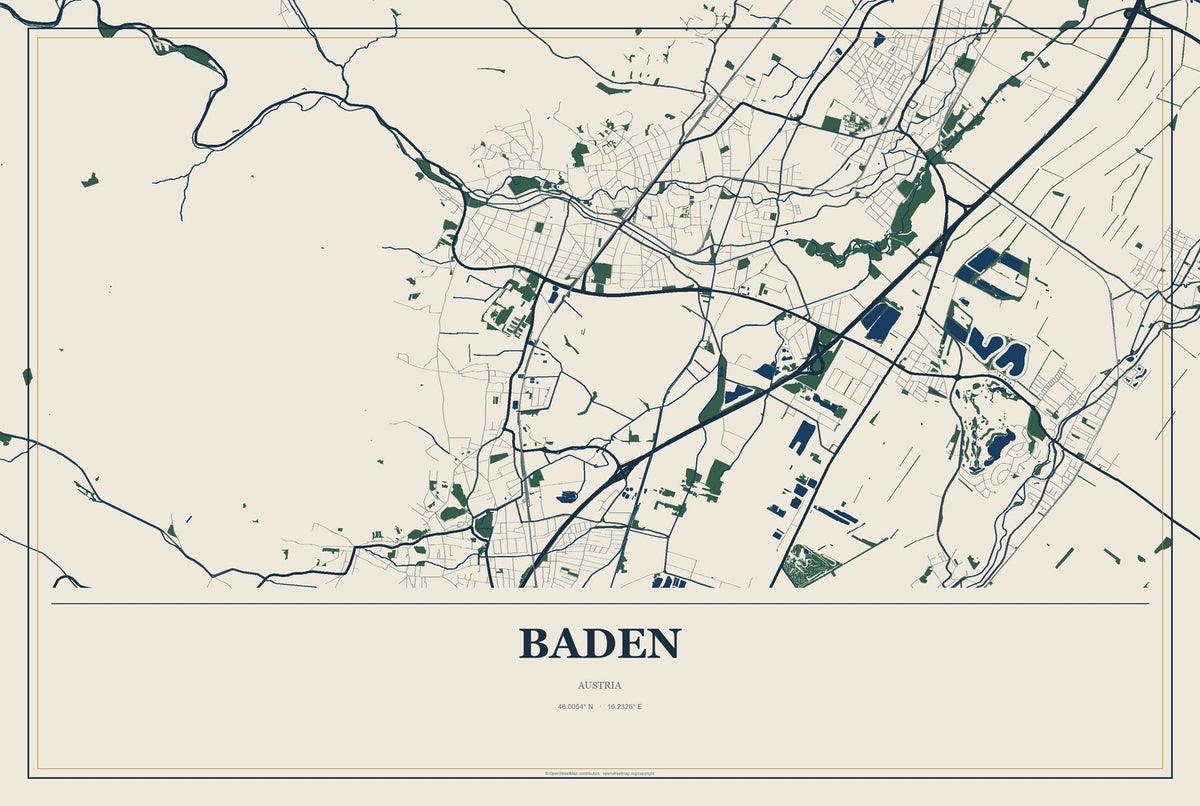 Baden, Austria City Map Aluminum Sign in Coastal Cutout style