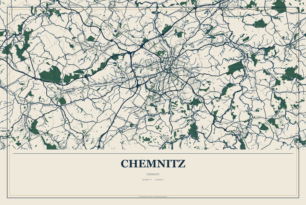 Chemnitz, Germany City Map Aluminum Sign in Coastal Cutout style