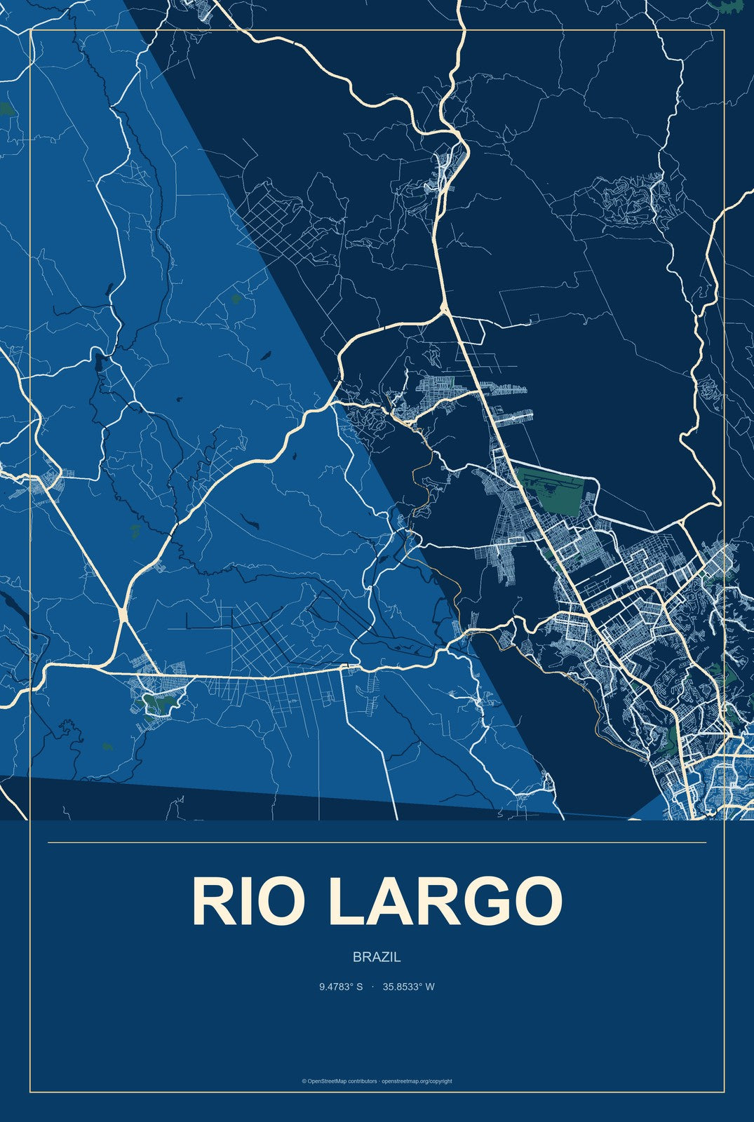 Rio Largo, Brazil City Map Aluminum Sign in Harbor Cobalt style