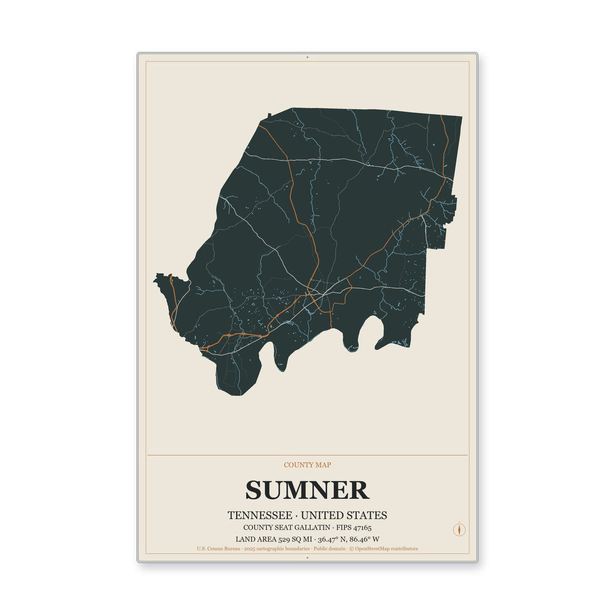 Sumner County, Tennessee Map Aluminum Sign in Headline Atlas style