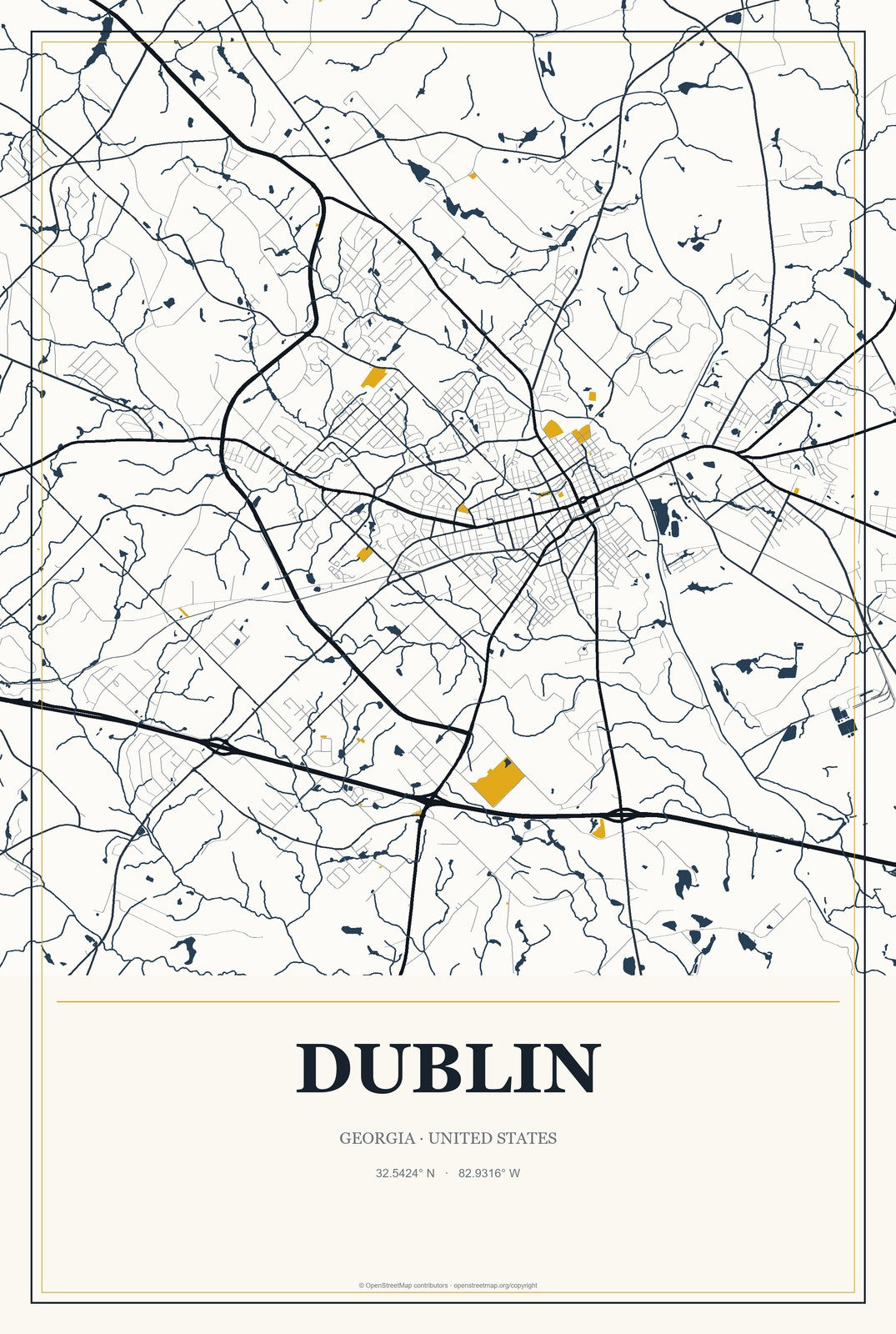 Dublin, Georgia City Map Aluminum Sign in Citrine Modern style