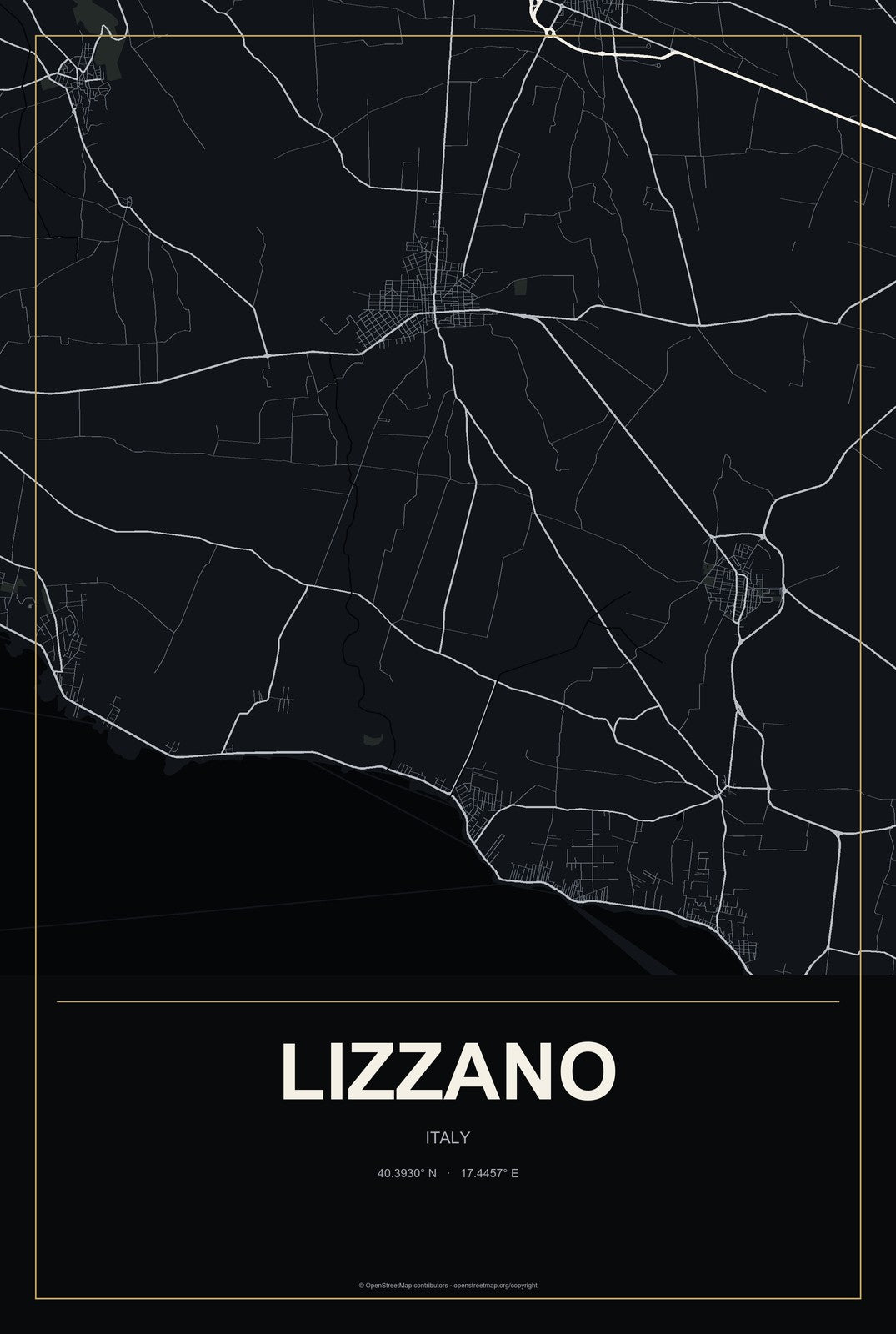 Lizzano, Italy City Map Aluminum Sign in Metropolitan Noir style