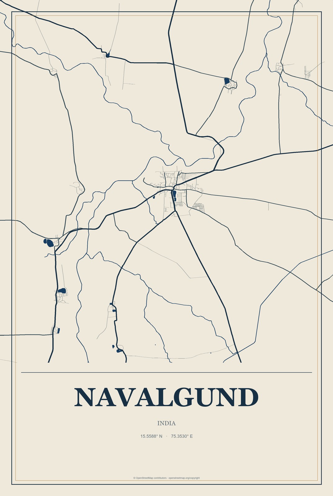 Navalgund, India City Map Aluminum Sign in Coastal Cutout style