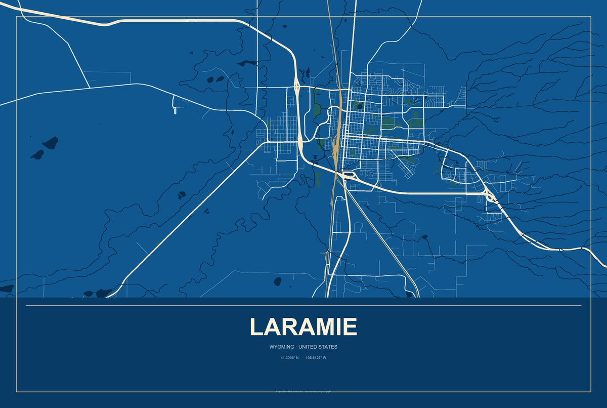 Laramie, Wyoming City Map Aluminum Sign in Harbor Cobalt style
