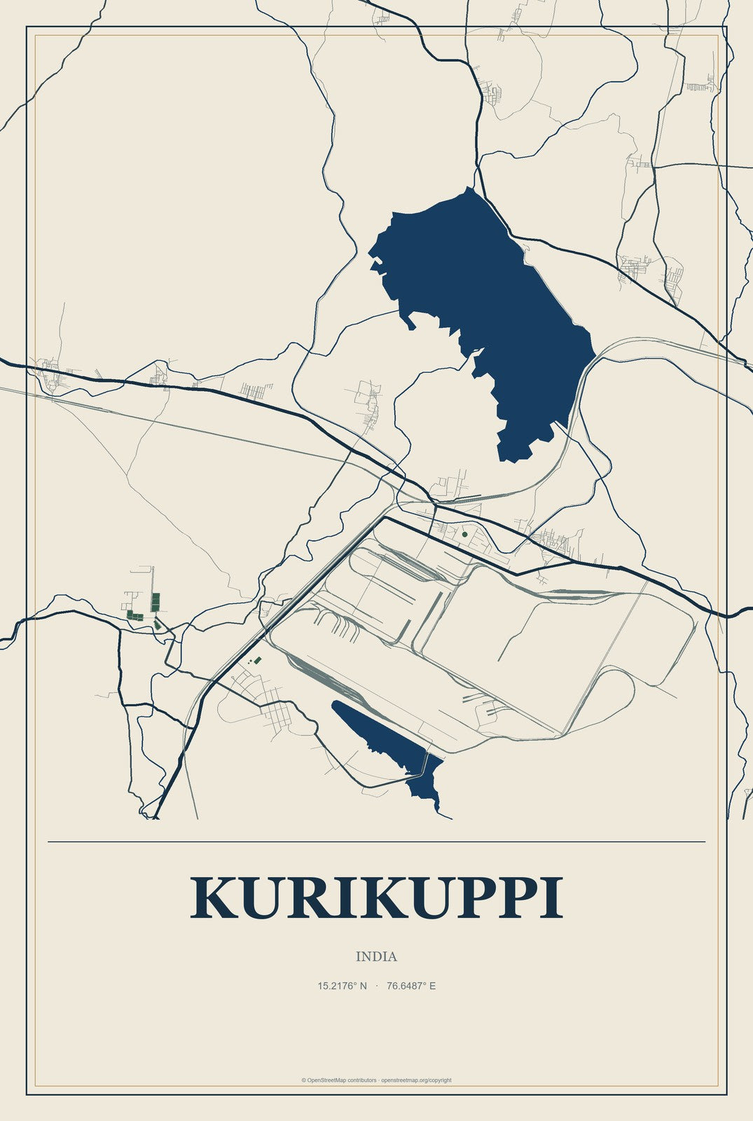 Kurikuppi, India City Map Aluminum Sign in Coastal Cutout style