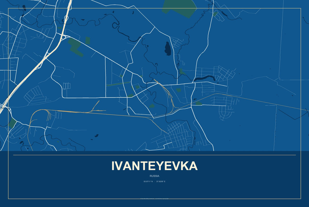 Ivanteyevka, Russia City Map Aluminum Sign in Harbor Cobalt style