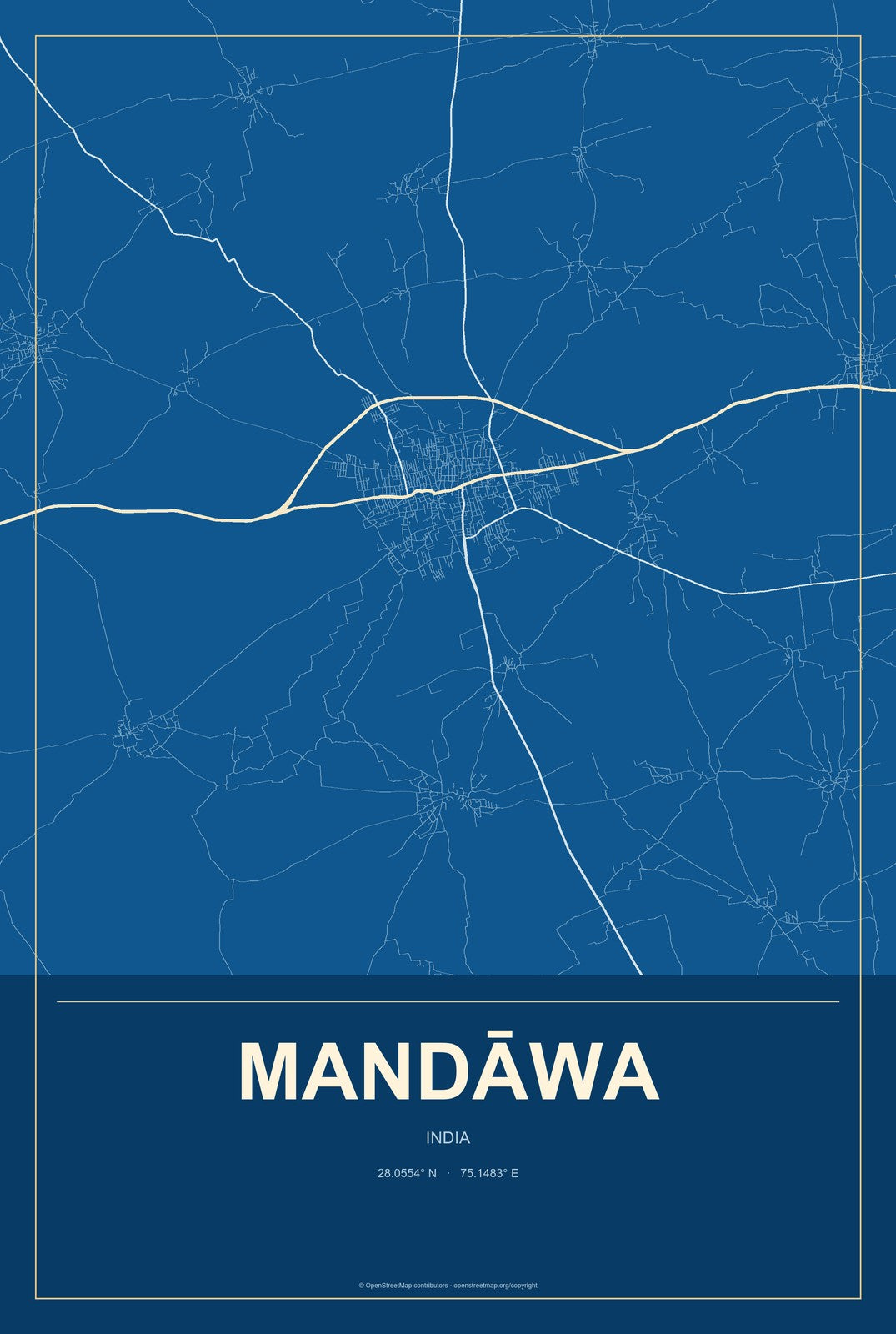 Mandāwa, India City Map Aluminum Sign in Harbor Cobalt style