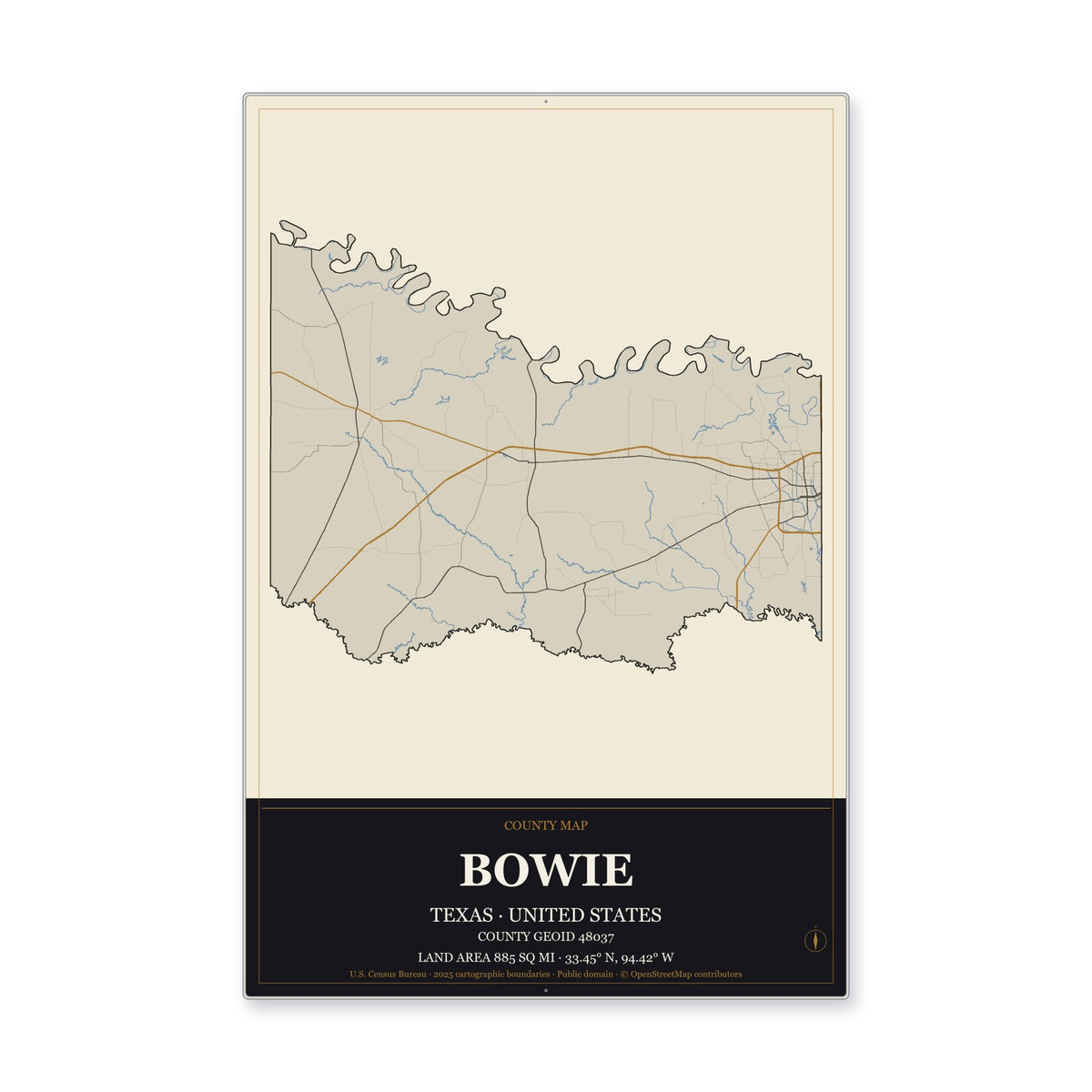 Bowie County, Texas Map Aluminum Sign in Museum Plaque style