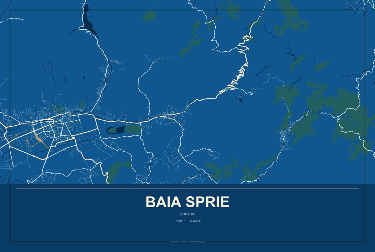 Baia Sprie, Romania City Map Aluminum Sign in Harbor Cobalt style