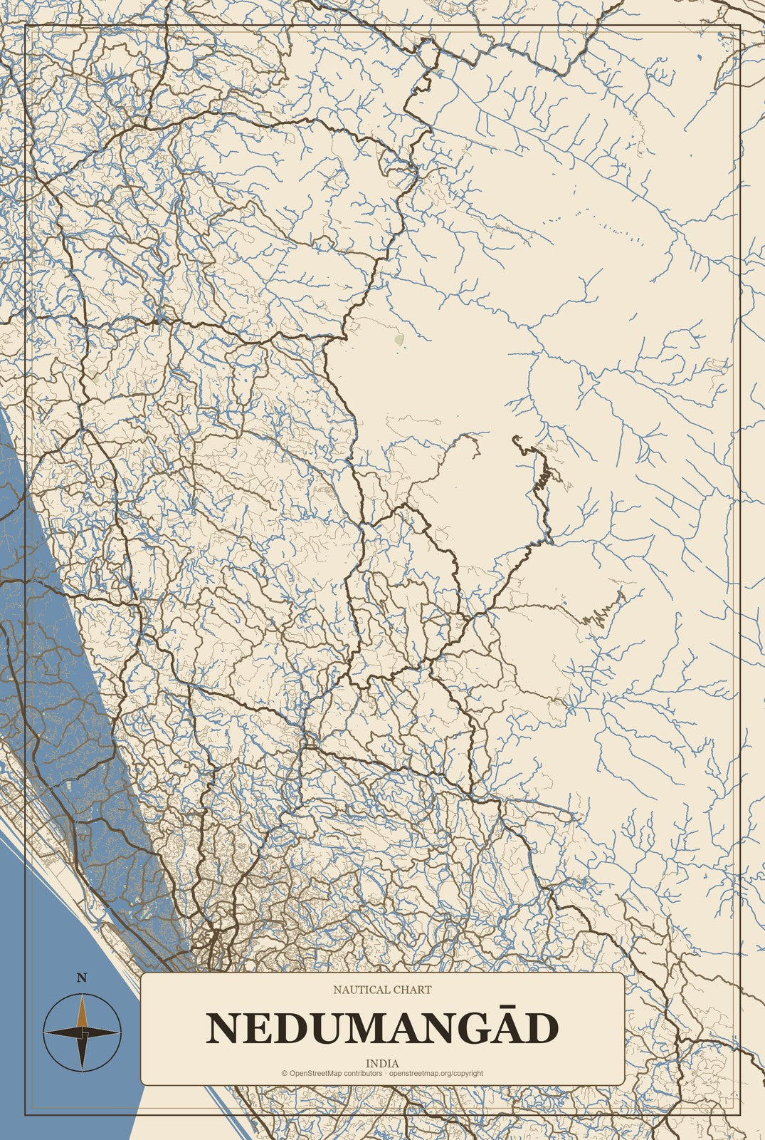 Nedumangād, India City Map Aluminum Sign in Heritage Nautical style