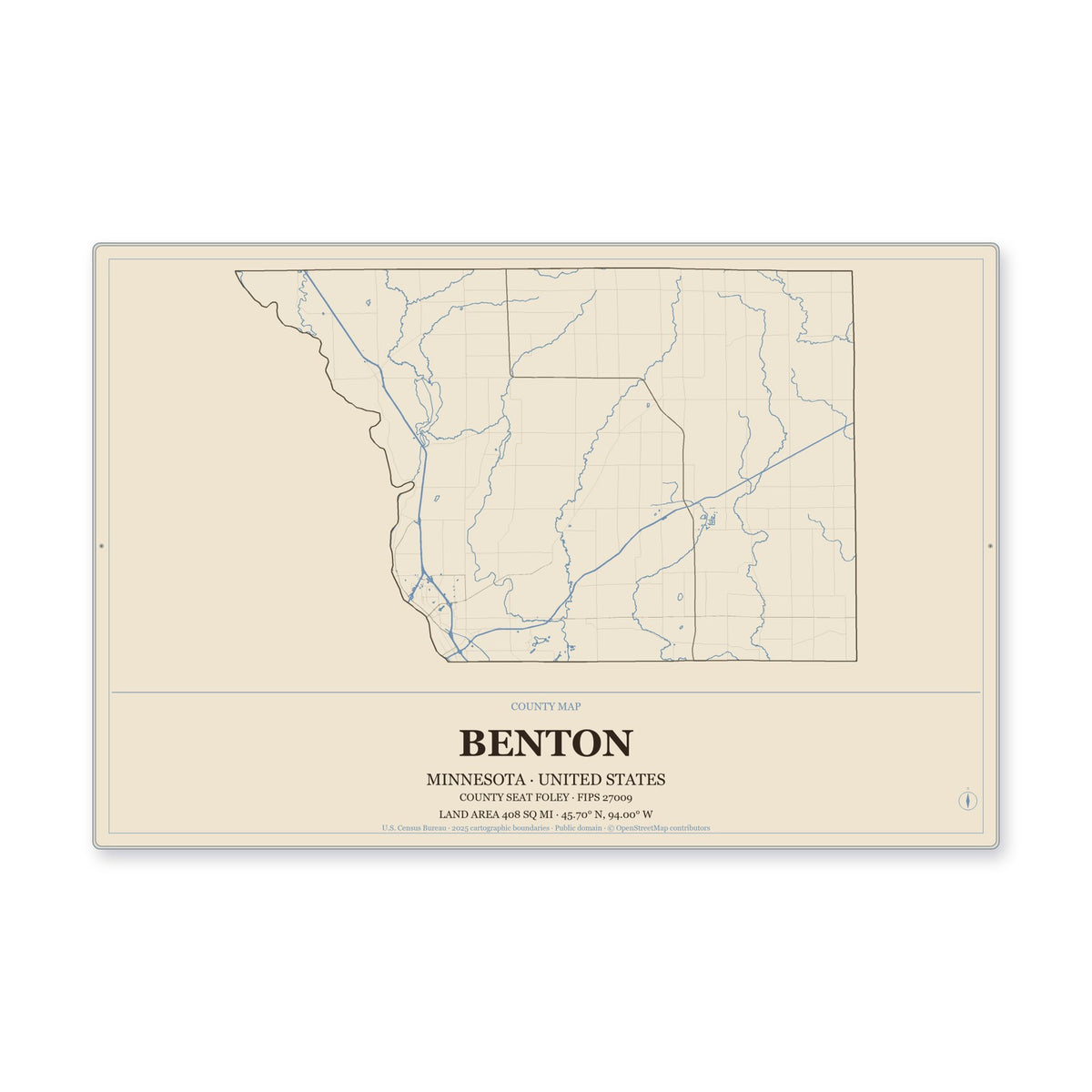 Benton County, Minnesota Map Aluminum Sign in Heritage Nautical style