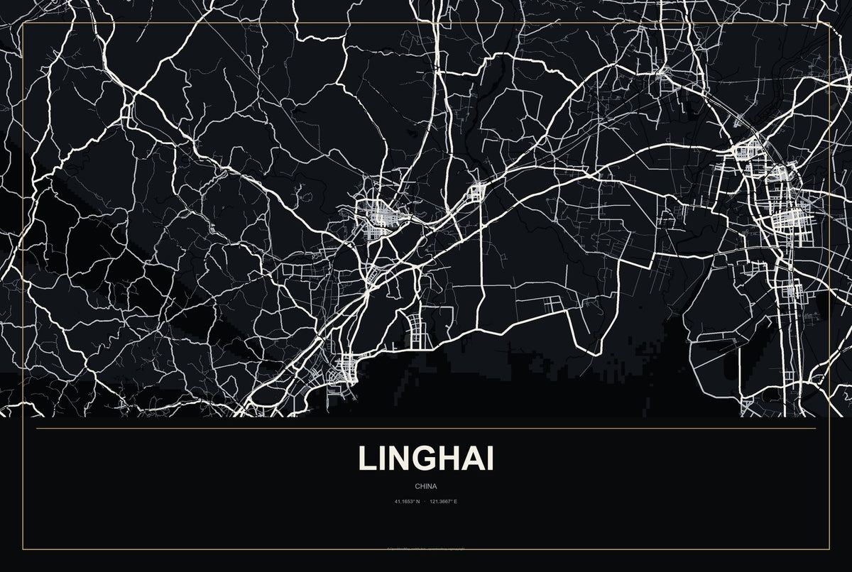 Linghai, China City Map Aluminum Sign in Metropolitan Noir style