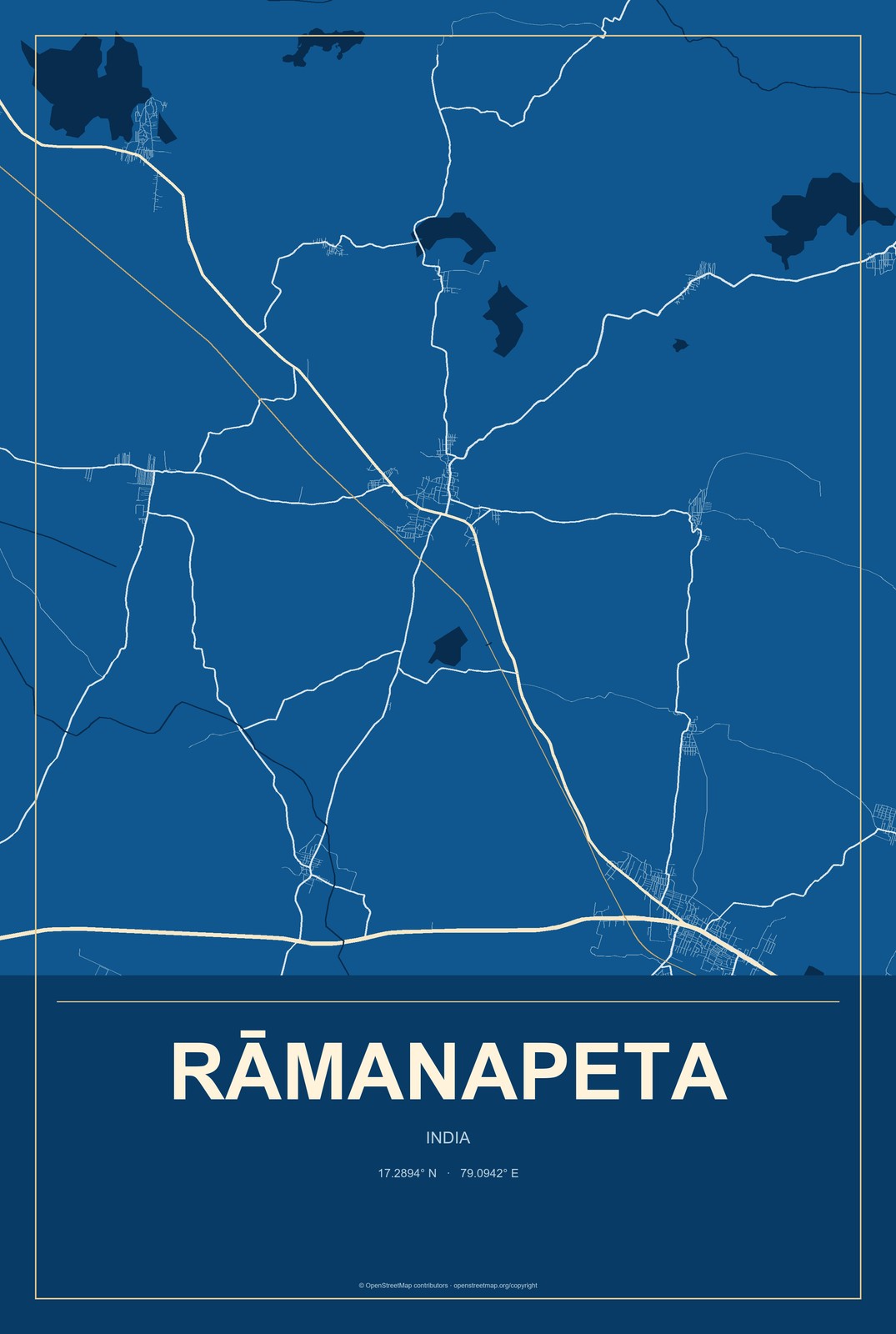 Rāmanapeta, India City Map Aluminum Sign in Harbor Cobalt style