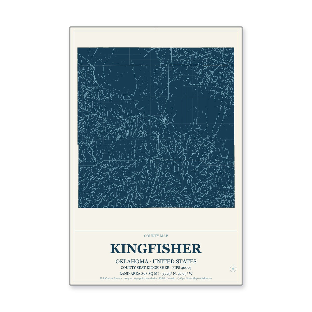 Kingfisher County, Oklahoma Map Aluminum Sign in Coastal Cutout style